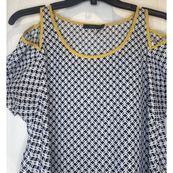 THML Women’s Blue White Yellow Trim Cold Shoulder Peek A Boo Blouse Top Sz M - Picture 2 of 9